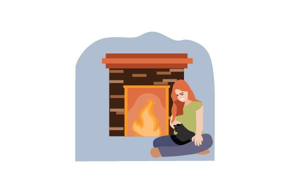 Woman Petting a Black Cat by the Fireplace